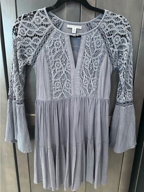 American Eagle Outfitters Lace-Inset Long Sleeve Dress in Dusty Blue